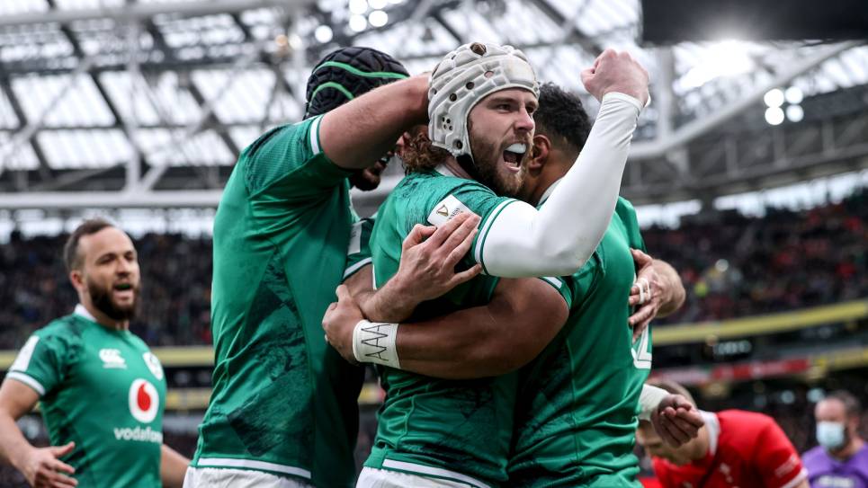 Bundee Aki celebrates scoring their first try with Mack Hansen and Caelan Doris Ireland Bundee Aki celebrates scoring their first try with Mack Hansen and Caelan Doris Ireland