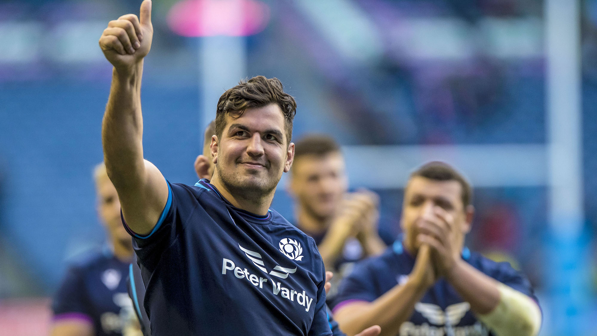 Stuart McInally celebrates after the game